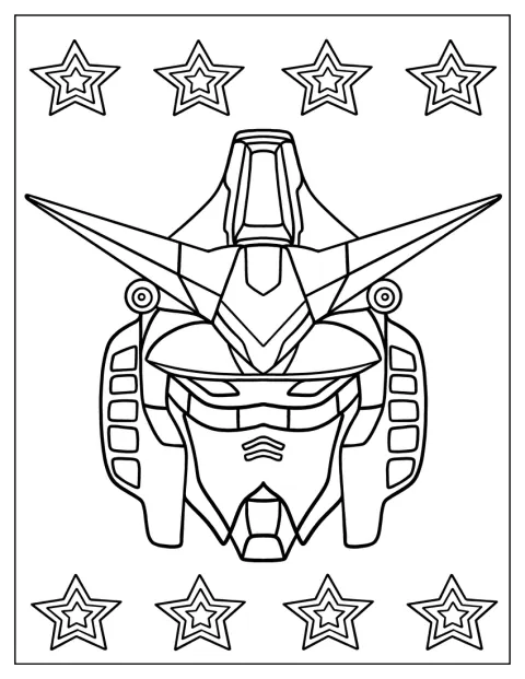 Ein großer Gundam-Kopf ist von vorn zu sehen.