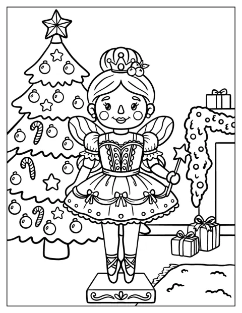 Eine Nussknacker-Ballerina hält einen Sternenzauberstab neben einem Weihnachtsbaum.