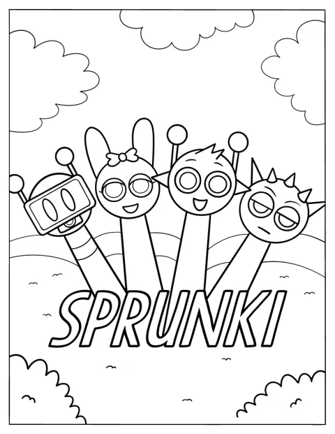 Adorable Sprunki Coloring Page Of Characters With Logo