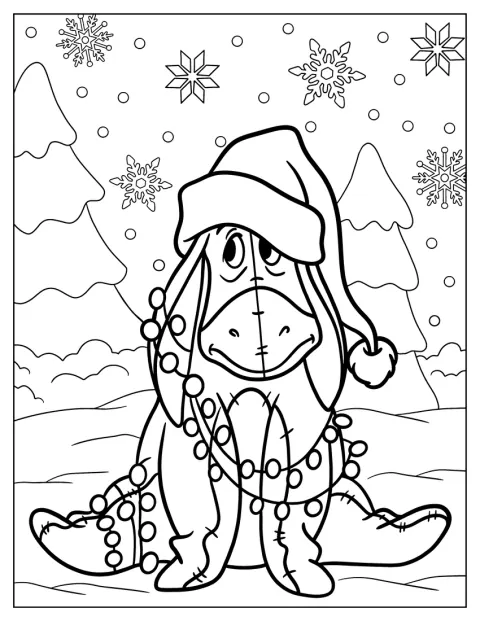 Con un gorro de Papá Noel, Eeyore está cubierto de luces navideñas.