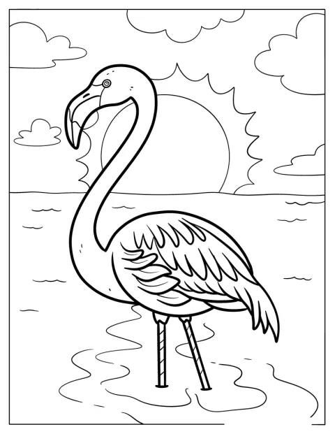 Junto à margem, um flamingo contempla o pôr do sol.