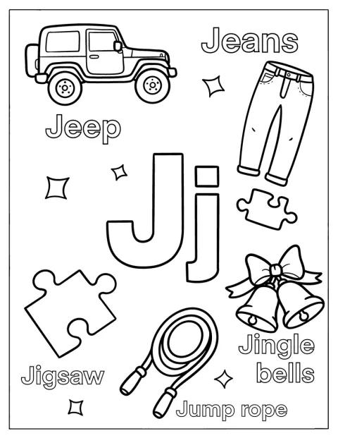 Jeans, una jeep, un puzzle, una corda per saltare e campanelli accompagnano la lettera J.
