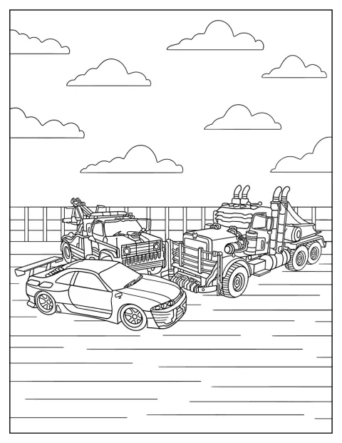 Varios Autobots circulan por la carretera en forma de coche.