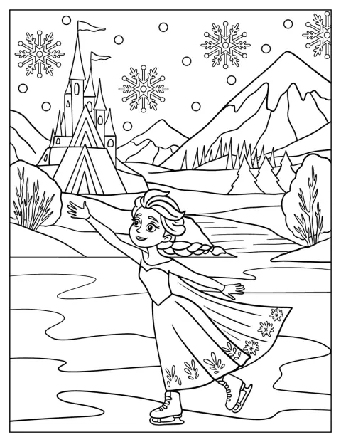 Elsa patina sobre el hielo frente a un castillo.