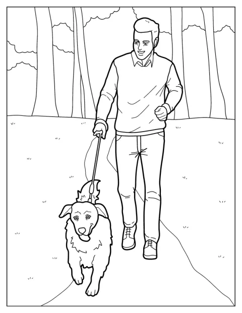 Un uomo cammina al parco tenendo al guinzaglio il suo cane.