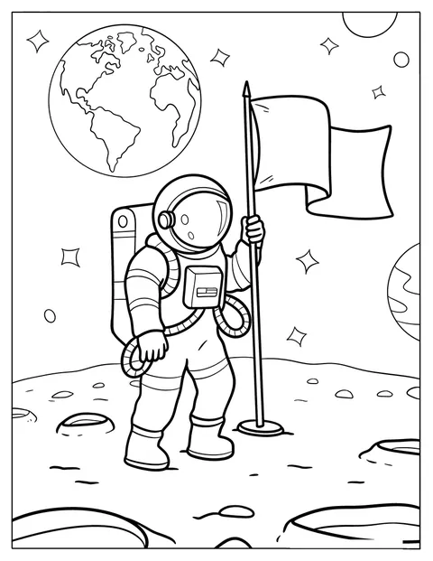 Un astronauta pianta una bandiera sulla Luna, con la Terra sullo sfondo.