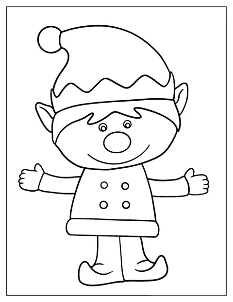 Um duende de contorno simples aparece de pé, com gorro pontiagudo.