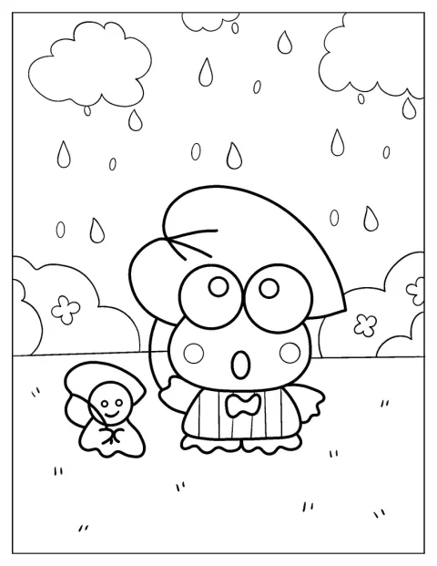 Keroppi och Teru Teru skyddar sig från regnet under ett stort blad.