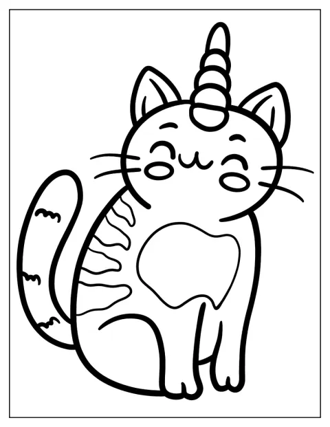 Suloinen yksisarvinen kissa istuu selässään raidat.