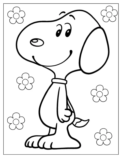 Smiling Snoopy With Flowers Coloring Picture