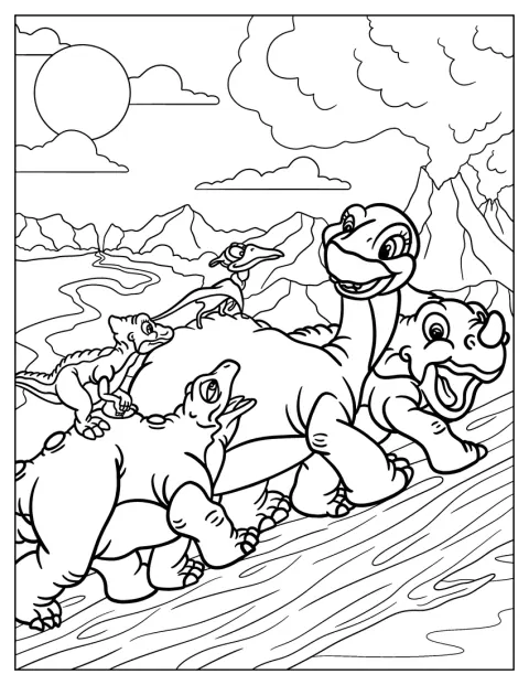 Littlefoot, Cera, Ducky, Petrie és Spike együtt sétál felfelé a hegyre.