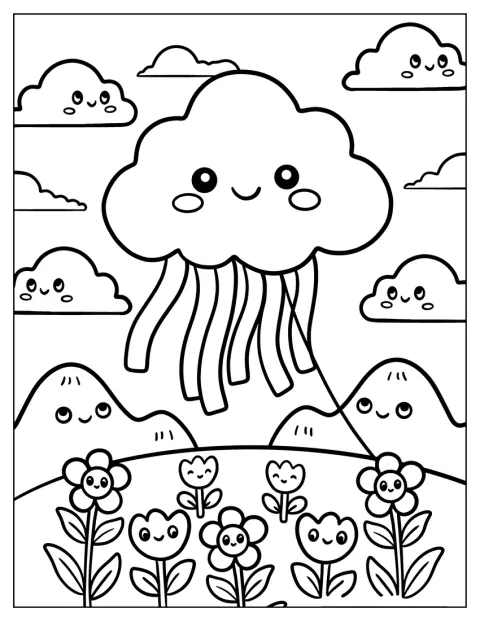 Un’aquilone a forma di nuvola fluttua nel cielo.