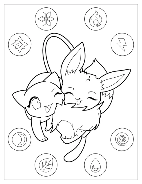 Mew ed Eevee si stringono in un tenero abbraccio.