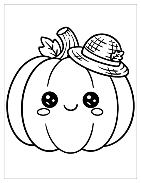 Une citrouille souriante porte un chapeau de paille.