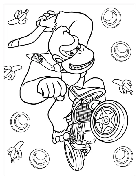 Donkey Kong conduce un kart pe pista de curse din Mario Kart.