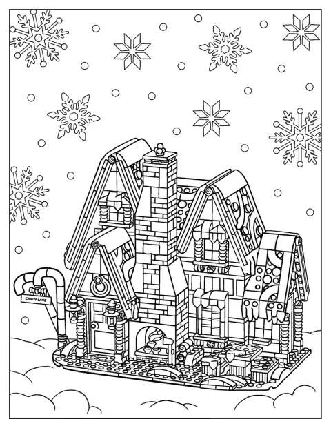 Une maison en pain d’épice construite en LEGO est représentée.