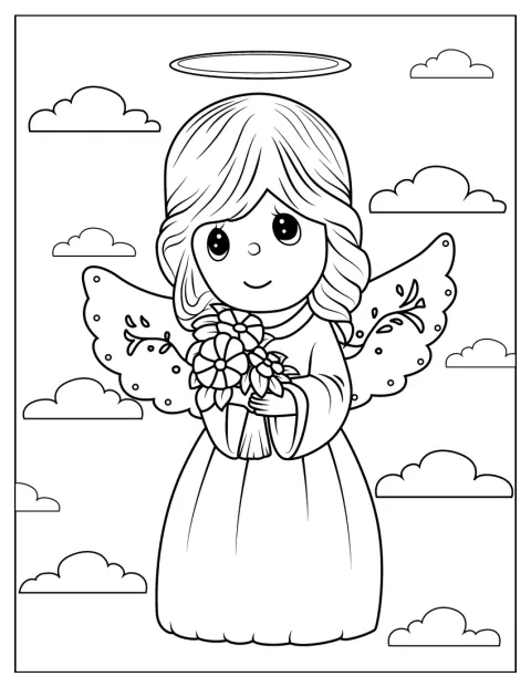 En liten kawaii-ängel ler med gloria och små vingar.