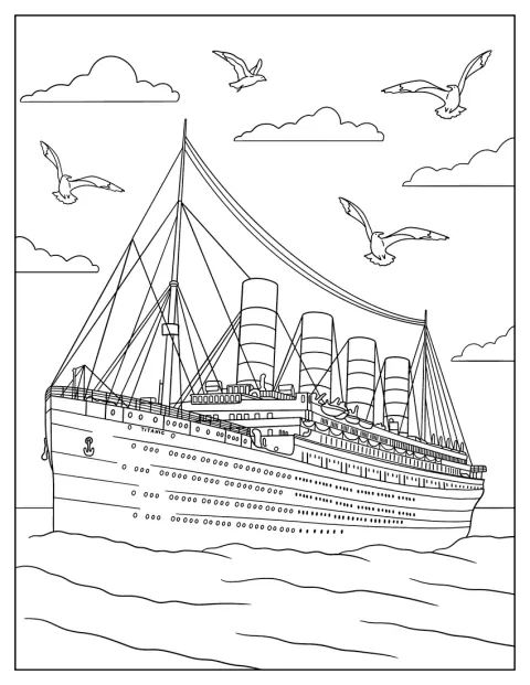 Titanicul plutește pe mare, iar pescărușii zboară pe cer deasupra lui.