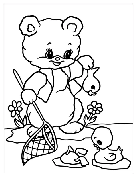 Vintage Coloring Page Illustration Of Bear Fishing In A Pond For Kids