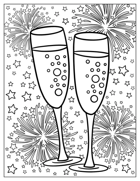 Des verres de vin pétillant se dressent devant un ciel illuminé de feux d’artifice.
