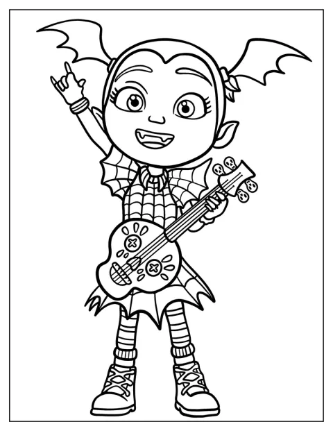 Vampyrina spiller på en gitar formet som en hodeskalle.