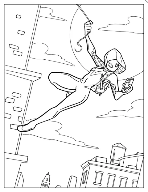 スパイダーグウェンがウェブにぶら下がり、携帯電話を操作しています。