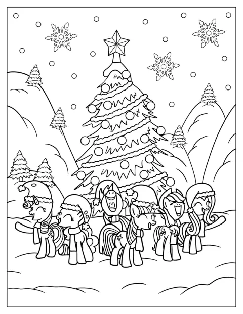 Un personaje de My Little Pony posa delante de un árbol navideño.