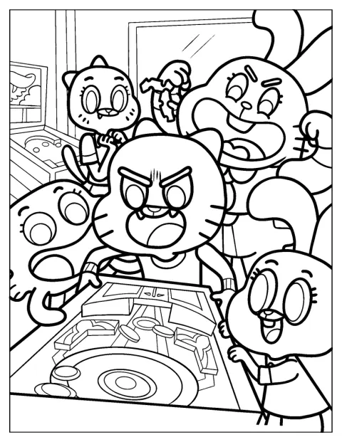 The Amazing World Of Gumball Coloring Page Of Richard, Darwin, Anais, And Nicole Cheering Gumball