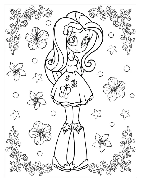 Nella sua versione Equestria Girls, Fluttershy posa con i capelli lunghi.