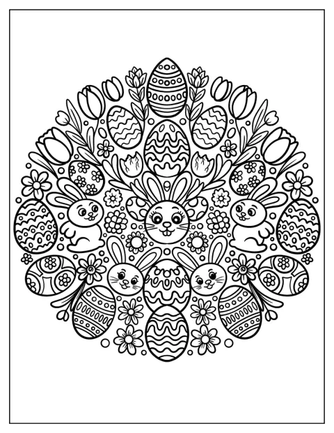 Conejos, huevos y flores forman un mándala circular.