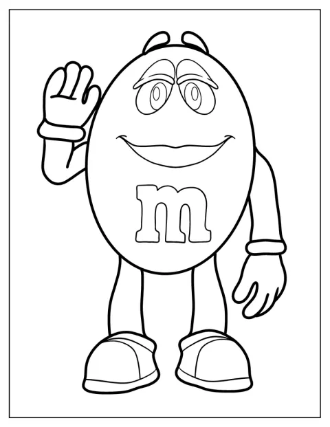 Keltainen M&M’s-hahmo heiluttaa kättään.