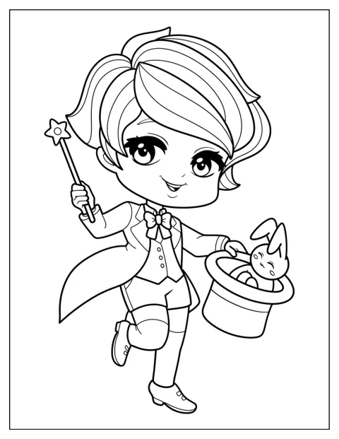 Un mago chibi sostiene una varita junto a un conejo que asoma de un sombrero de copa.