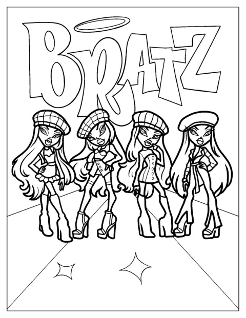 Een Bratz-personage is met veel details afgebeeld.