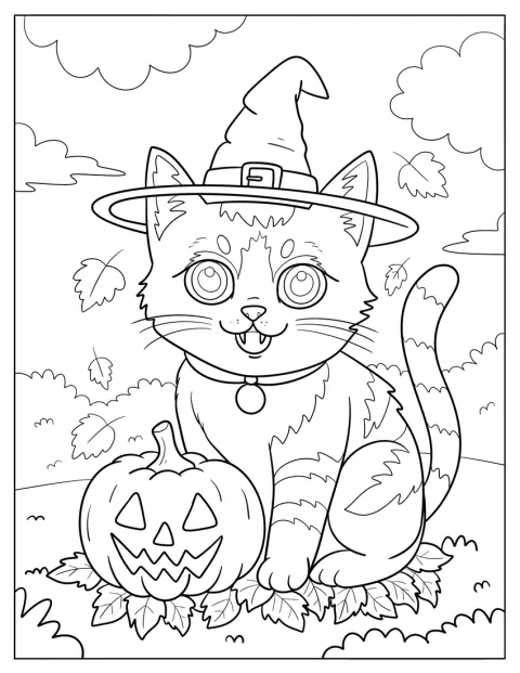 Un gatto con cappello da strega posa accanto a una zucca di Halloween.