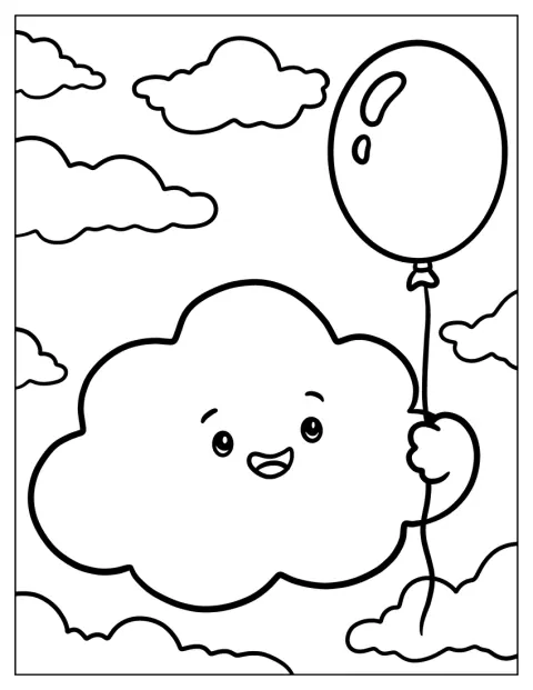 Un nuage souriant tient un ballon par sa ficelle.