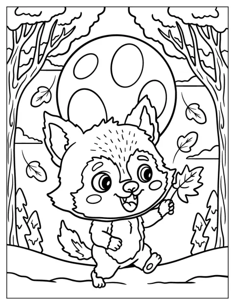 Dans la forêt, un minuscule loup-garou tente d’attraper des feuilles qui tombent.