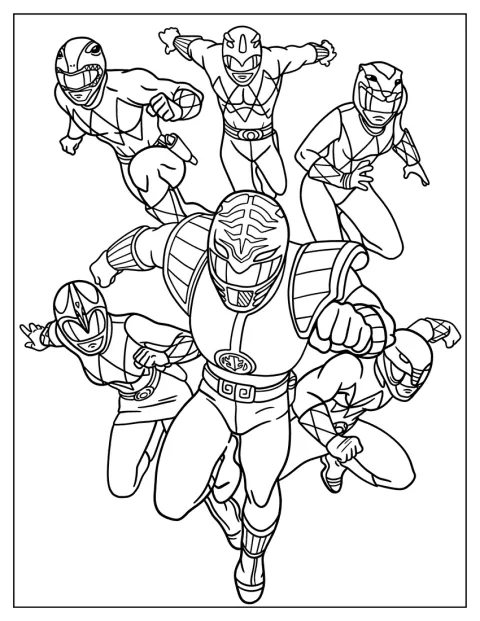 Los Power Rangers adoptan posturas de lucha, preparados para combatir.