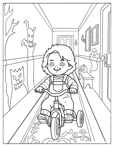 Chucky ajaa iloisena polkupyörällä käytävää pitkin.