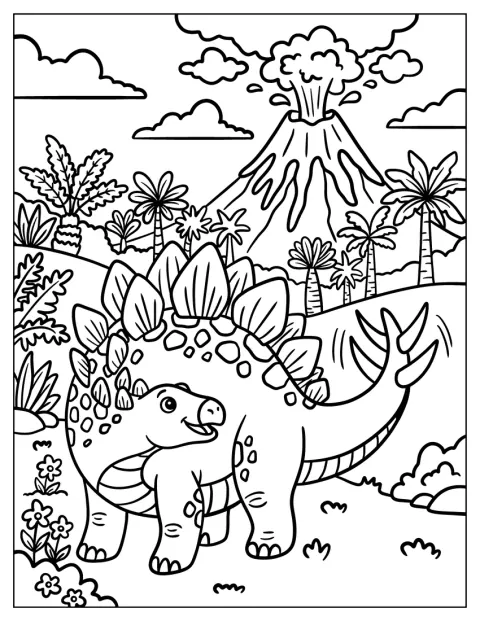 Ein Stegosaurus steht in der Nähe eines ausbrechenden Vulkans.