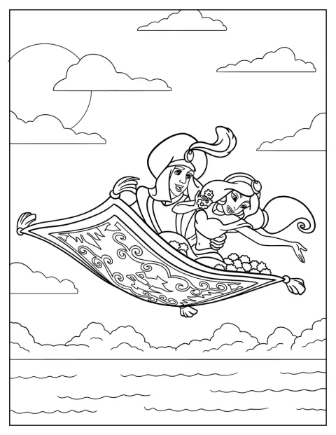 Jasmine e Aladdin viajam juntos pelo céu num tapete mágico.