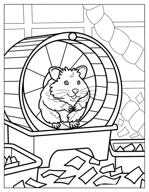 Hamsteri pitää taukoa juoksupyörässään silputun paperin keskellä.
