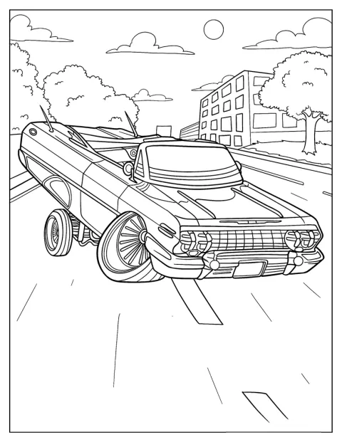 Un coche lowrider clásico aparece dibujado con numerosos detalles.