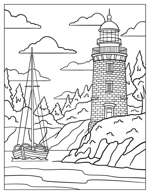 Een boot drijft op het water naast een vuurtoren van baksteen.