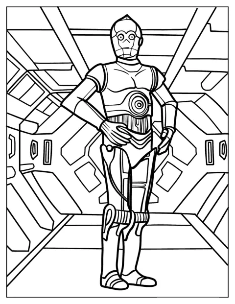 C-3PO steht im Inneren eines Raumschiffs.