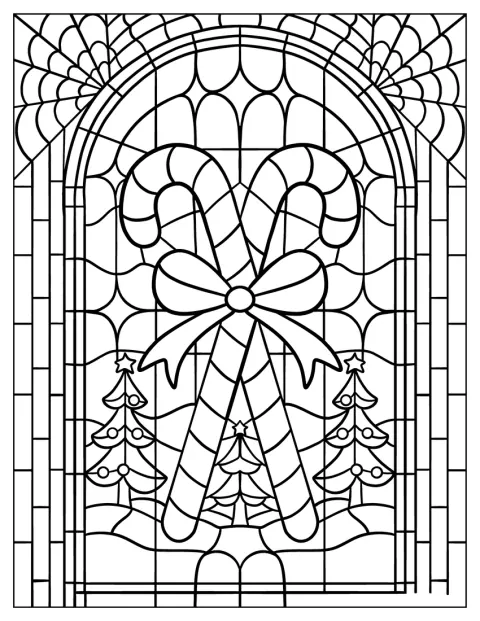 Uma bengala de açúcar com um laço num desenho de estilo vitral.