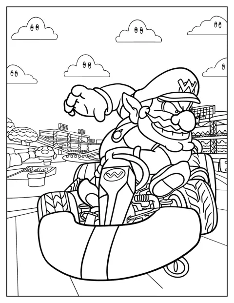 Wario conduce un kart pe pistă.