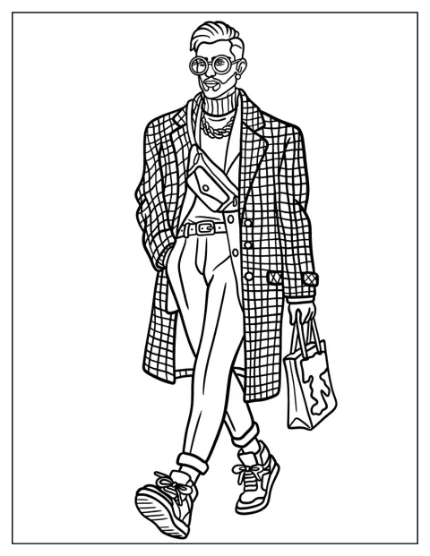 Un uomo alla moda cammina con scarpe da ginnastica, cappotto a quadri e borsa della spesa.