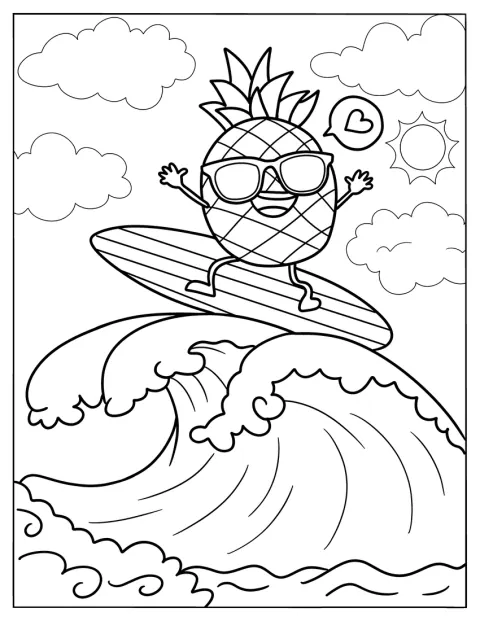 Un ananas chevauche une planche de surf sur les vagues.