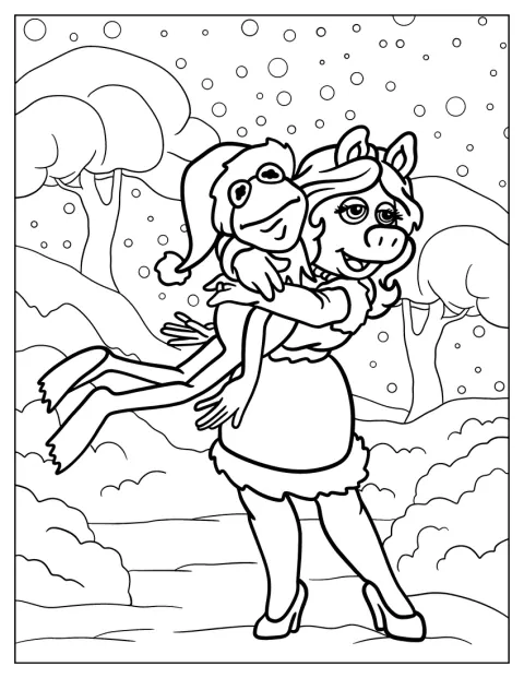 Sotto la neve, Miss Piggy stringe Kermit in un abbraccio.