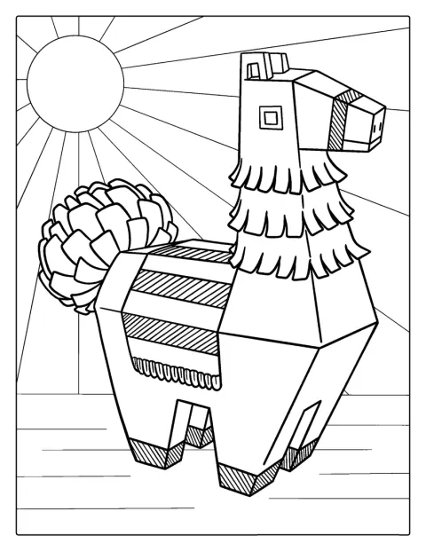 Una piñata con forma de llama espera colgada para la fiesta.